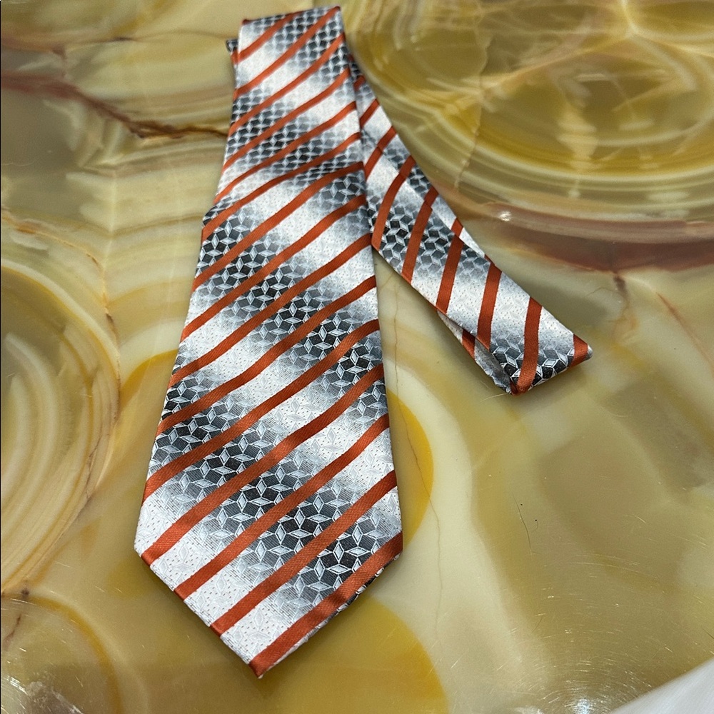 Giorgio Armani Striped Tie Orange and Gray with Geometric Pattern